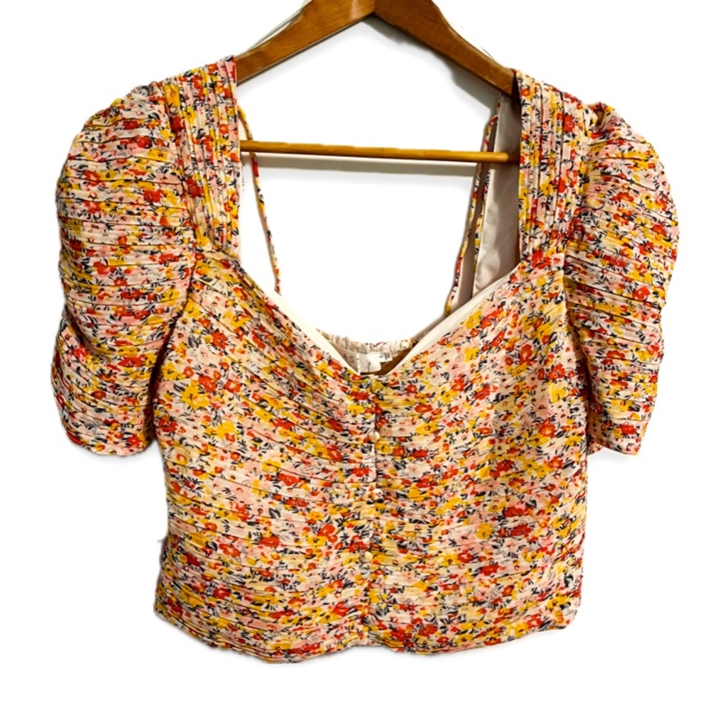 NWT ASTR Lin Floral Pintuck Smocked Sweetheart Peasant Crop Top Sz S